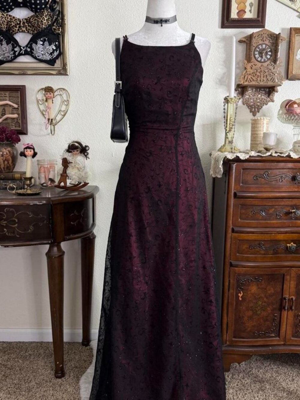 90’s witchy dark fairy grunge romantic goth red and black high neck maxi gown w